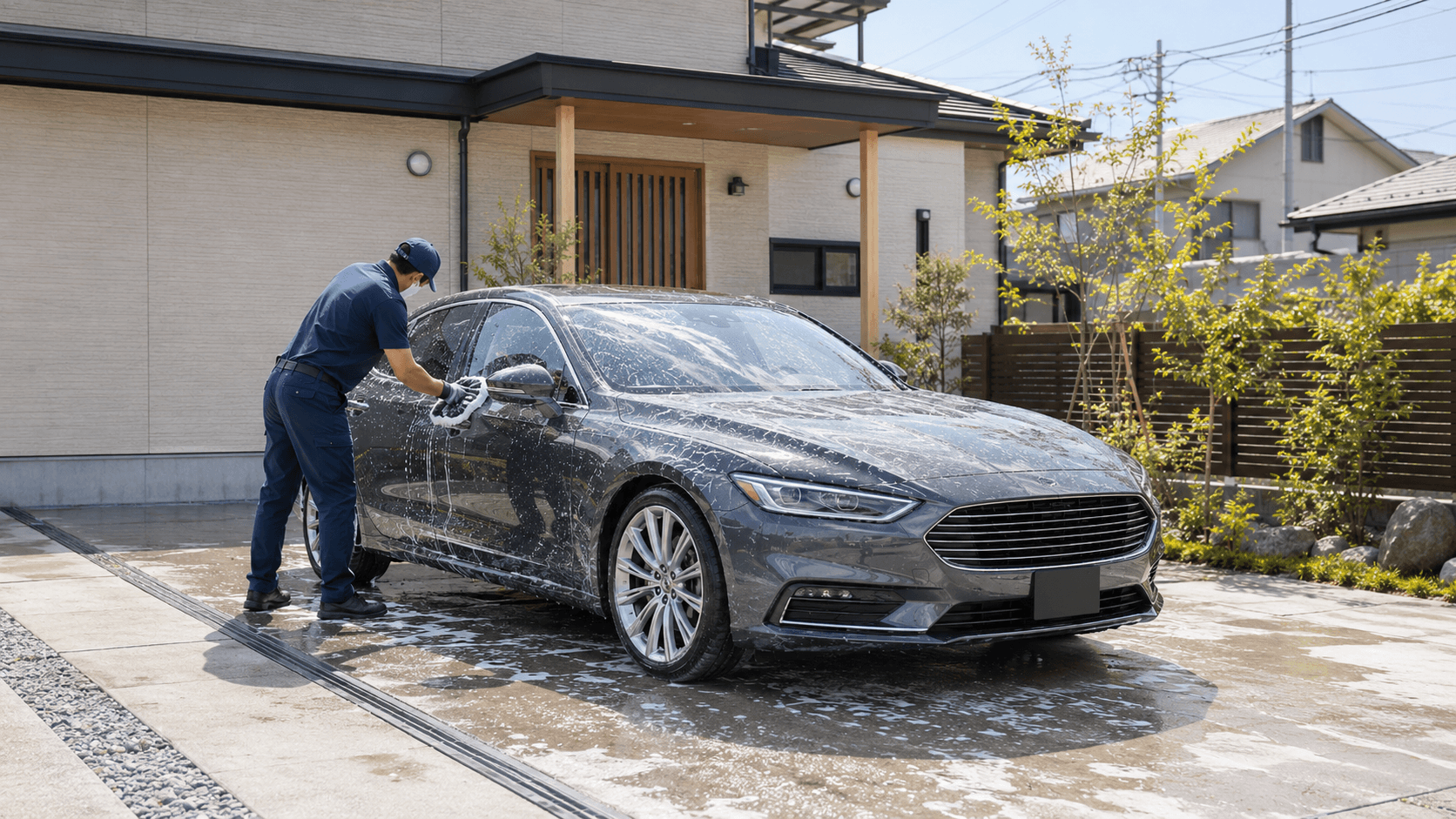 自宅の駐車場で、スタッフが泡をまとった車を手洗いしている様子